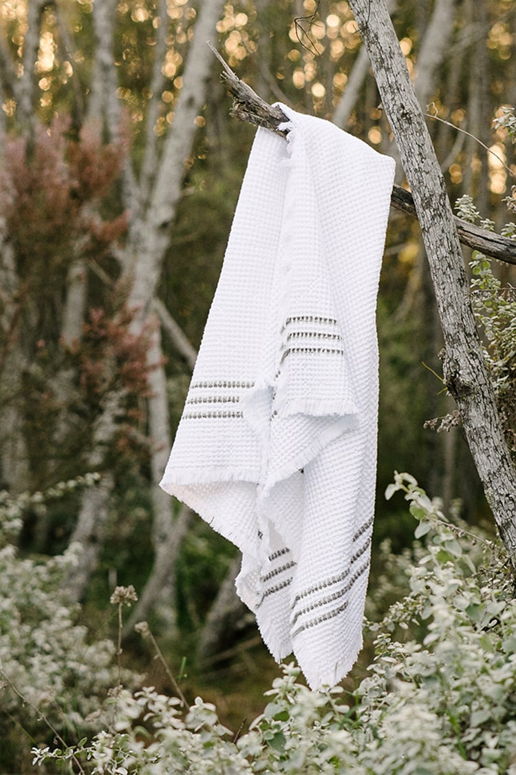 Mungo Belgian Waffle Weave. Our 'thickest' towel, available in white and charcoal or duck egg stripe. Soft and absorbent.