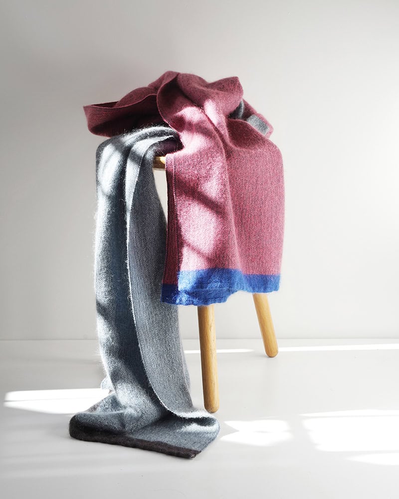 The bamboo, mohair and silk MOS wrap, woven by Mungo in the Sugarbush colourway.